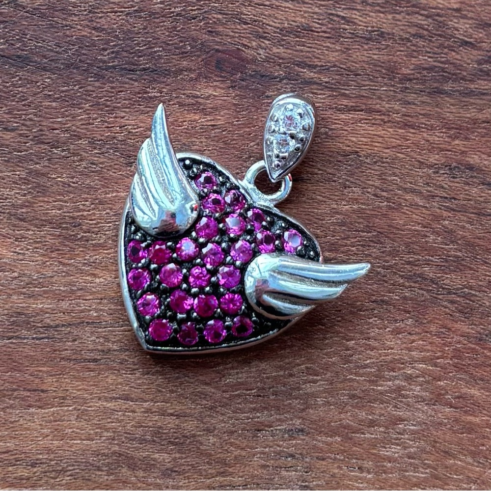 Sterling Silver and Pink Corundum & CZ Heart Wing Pendant